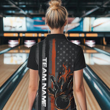 Load image into Gallery viewer, Brown Line American Flag Custom Patriotic Flame Womens Bowling Polo Shirt, US Bowling Shirt IPHW8638