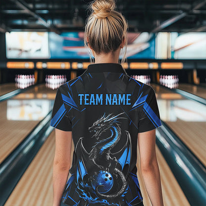 Custom Black And Blue Dragon Bowling Womens Quarter-Zip Shirts, Dragon Bowling Uniform IPHW8639
