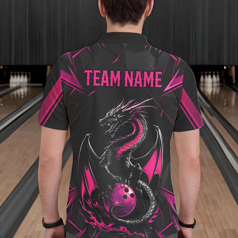 Custom Black And Pink Dragon Bowling Polo Shirts For Men, Dragon Bowling Team Uniform IPHW8640