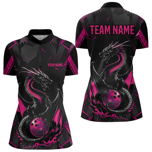 Custom Black And Pink Dragon Bowling Womens Quarter-Zip Shirts, Dragon Bowling Uniform IPHW8640