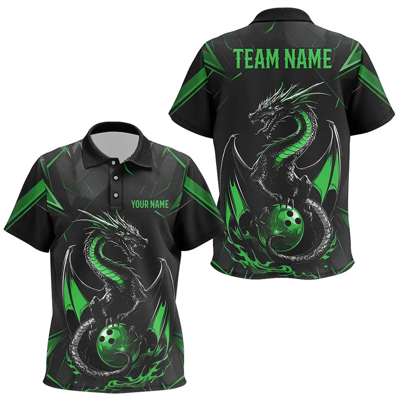 Custom Black And Irish Green Dragon Bowling Polo Shirts For Kid, Bowling Team Uniform IPHW8641