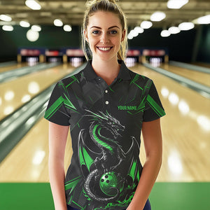 Custom Black And Irish Green Dragon Bowling Polo Shirts For Women, Bowling Team Uniform IPHW8641