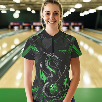 Custom Black And Irish Green Dragon Bowling Womens Quarter-Zip Shirts, Bowling Uniform IPHW8641