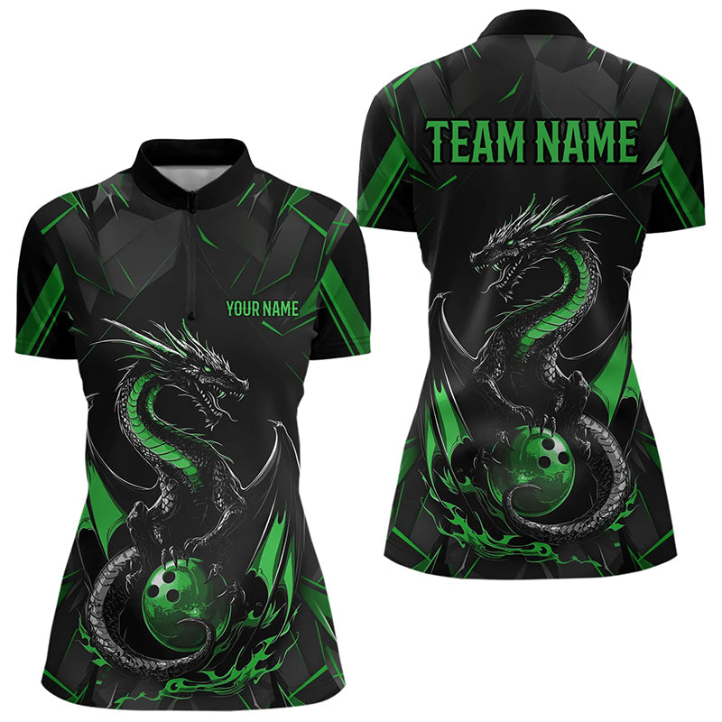 Custom Black And Irish Green Dragon Bowling Womens Quarter-Zip Shirts, Bowling Uniform IPHW8641