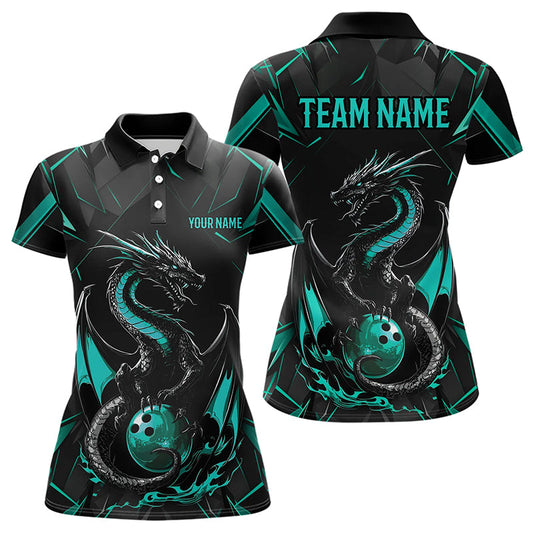 Custom Black And Turquoise Blue Dragon Bowling Polo Shirts For Women, Bowling Team Uniform IPHW8642