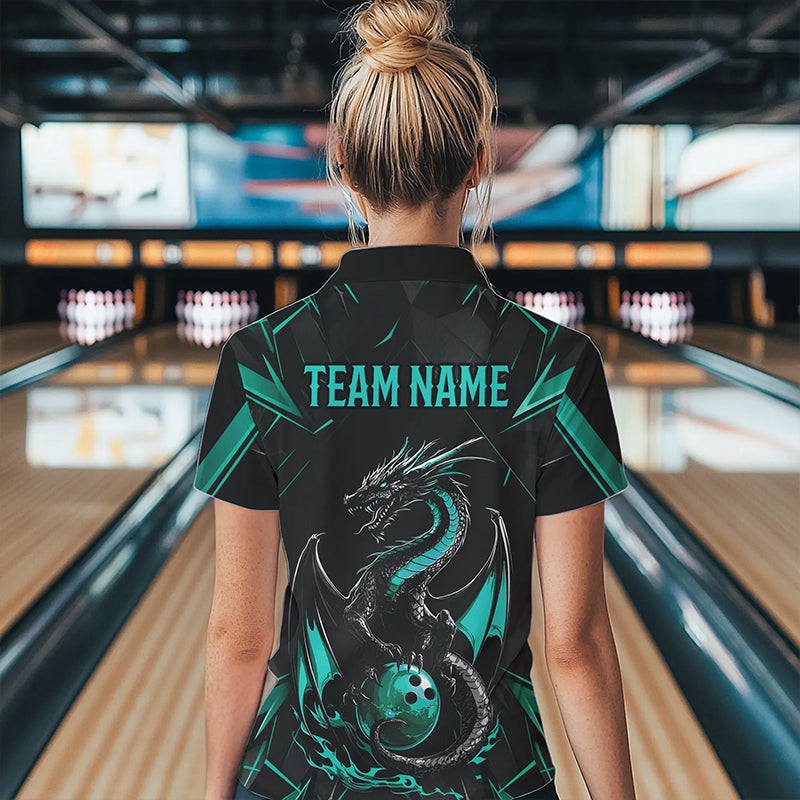 Custom Black And Turquoise Blue Dragon Bowling Womens Quarter-Zip Shirts, Bowling Uniform IPHW8642