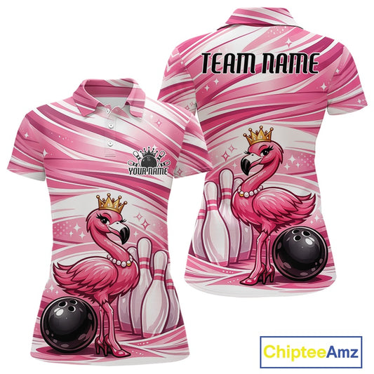 Front and back display of a pink women’s bowling polo shirt showcasing a crowned flamingo standing beside a bowling ball and bowling pins.