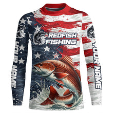 Load image into Gallery viewer, Custom Redfish Fishing American Flag Long Sleeve Fishing Shirts, Patriotic Redfish Fishing Shirts IPHW6824