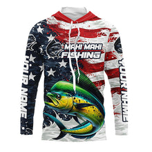 Load image into Gallery viewer, Custom Mahi Mahi Fishing American Flag Long Sleeve Fishing Shirts, Patriotic Mahi Fishing Shirts IPHW6826