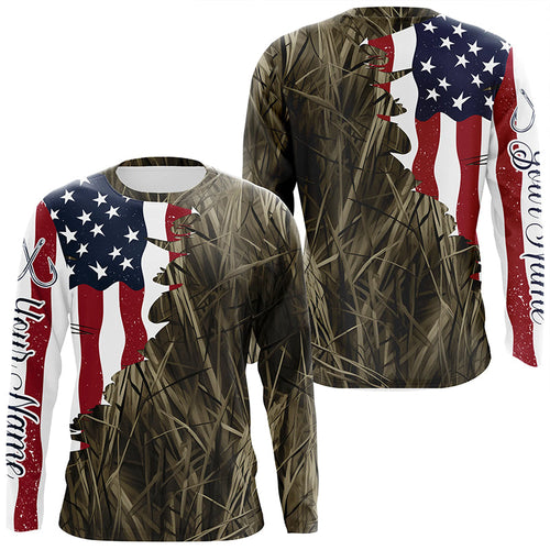 Custom Patriotic Camouflage Long Sleeve Fishing Shirts, Personalized Fishing Jerseys | Brown Camo IPHW6997