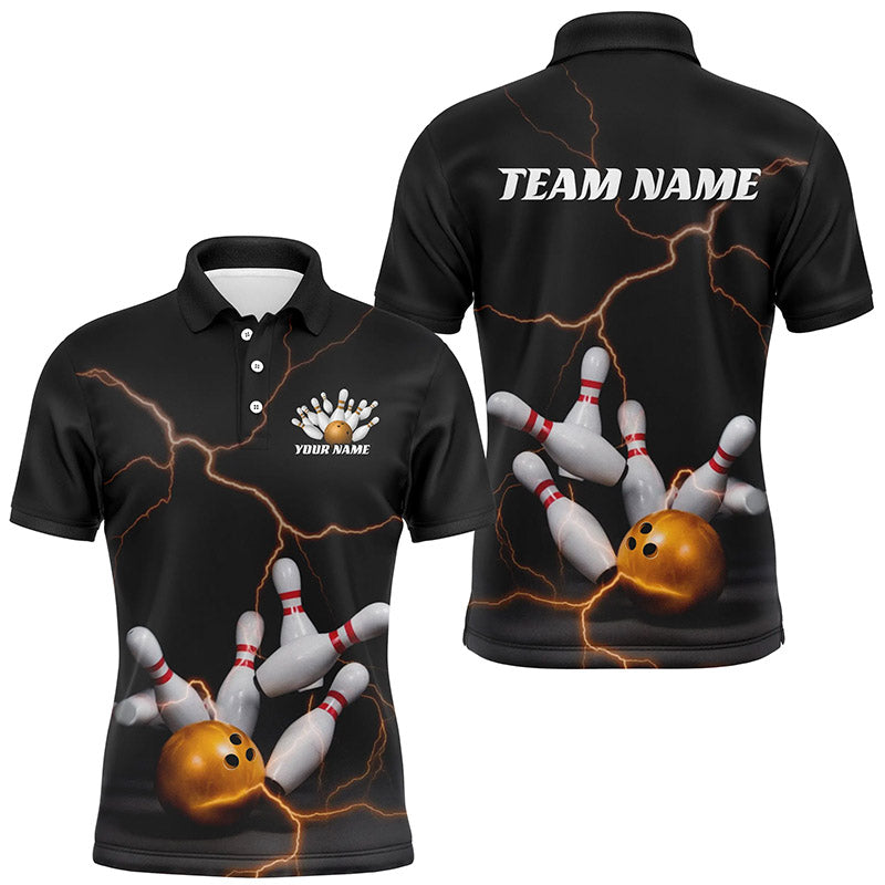 Black And Gold Thunder Lightning Custom Bowling Shirts For Men, Bowling Team Shirt Outfit IPHW7537