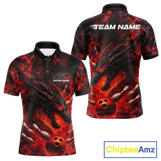 Custom Black And Red Flame Dragon Bowling Men Polo Shirt, Dragon Bowling League Shirt IPHW10277