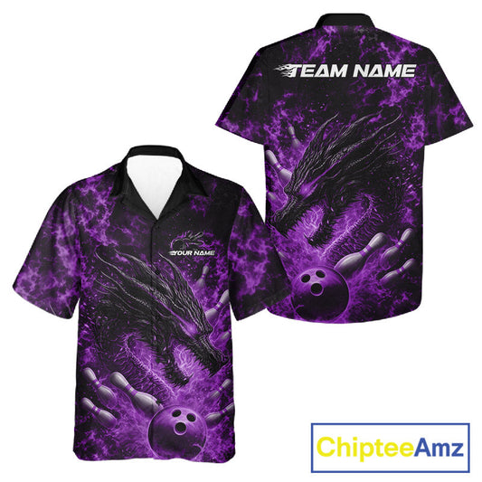 Custom Black And Purple Flame Dragon Bowling Men And Women Hawaiian Shirt, Dragon Bowling League Shirt IPHW10278
