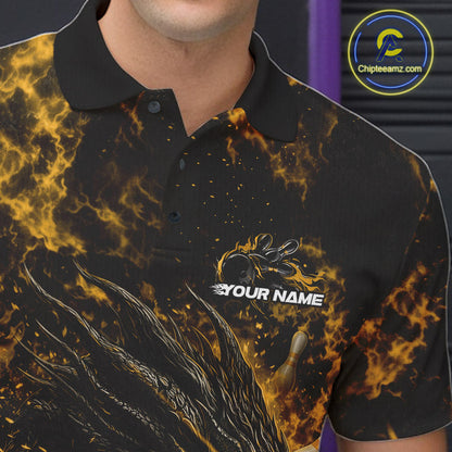Custom Black And Yellow Flame Dragon Bowling Men Polo Shirt, Dragon Bowling League Shirt IPHW10279