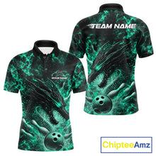 Load image into Gallery viewer, Custom Black And Green Flame Dragon Bowling Men Polo Shirt, Dragon Bowling League Shirt IPHW10280