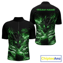 Load image into Gallery viewer, Custom Green Fire Flame Dragon Bowling Jerseys. Dragon Bowling Men Quarter-Zip Shirt IPHW10284