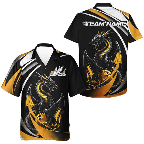 Custom Black And Gold Dragon Bowling Jerseys, Dragon Bowling Team Hawaiian Shirts For Men IPHW8651