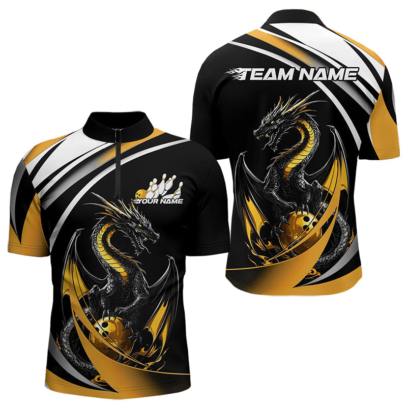 Custom Black And Gold Dragon Bowling Jerseys, Dragon Bowling Team Quarter-Zip Shirts For Men IPHW8651