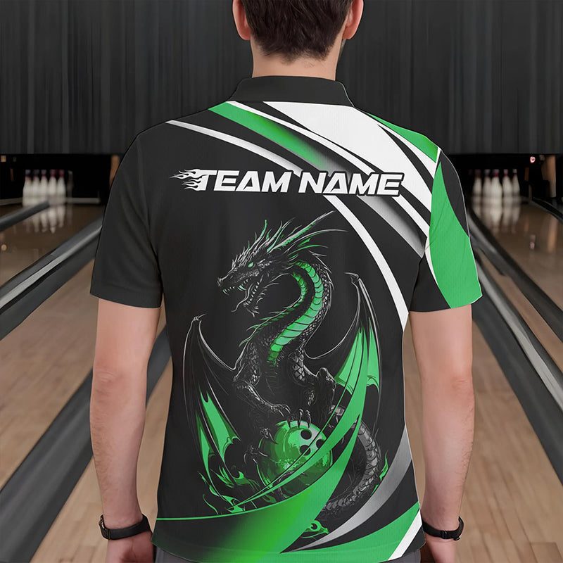 Custom Black And Green Dragon Bowling Jerseys, Dragon Bowling Team Polo Shirts For Men IPHW8652