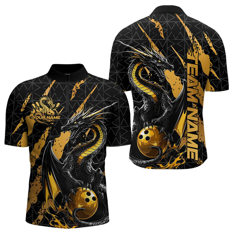 Custom Black And Gold Dragon Bowling Team Quarter-Zip Shirts For Men, Dragon Bowling Jerseys IPHW8923
