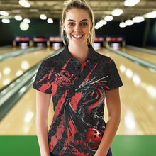 Load image into Gallery viewer, Custom Black And Red Dragon Bowling Team Polo Shirts For Women, Dragon Bowling Jerseys IPHW8924