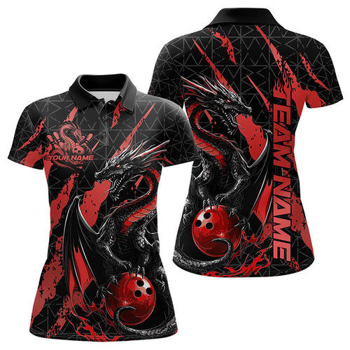 Custom Black And Red Dragon Bowling Team Polo Shirts For Women, Dragon Bowling Jerseys IPHW8924