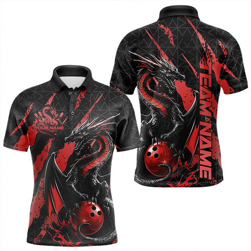 Custom Black And Red Dragon Bowling Team Polo Shirts For Men, Dragon Bowling Jerseys IPHW8924