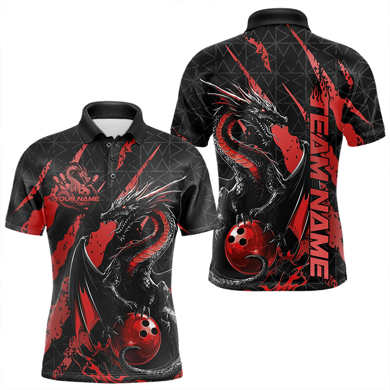 Custom Black And Red Dragon Bowling Team Polo Shirts For Men, Dragon Bowling Jerseys IPHW8924