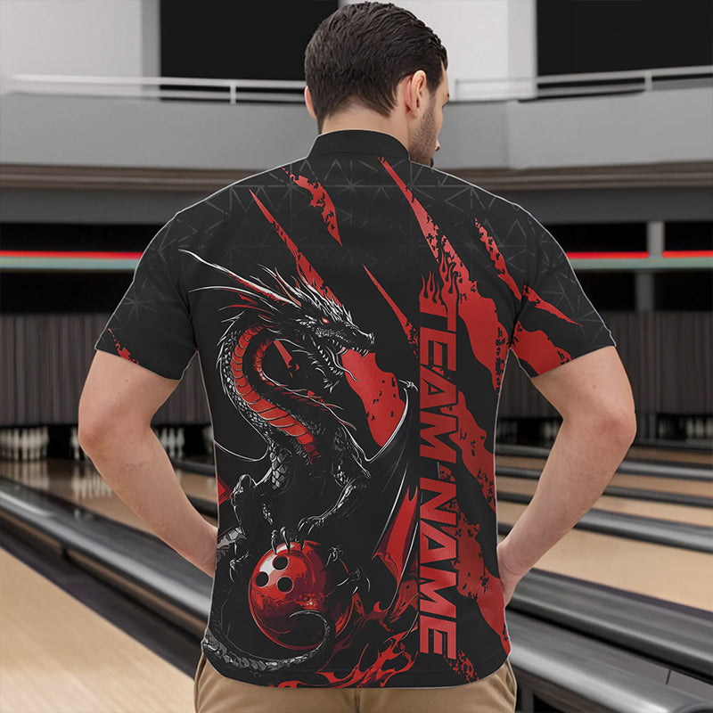 Custom Black And Red Dragon Bowling Team Quarter-Zip Shirts For Men, Dragon Bowling Jerseys IPHW8924