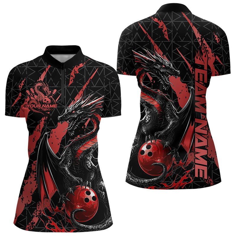 Custom Black And Red Dragon Bowling Team Womens Quarter-Zip Shirts, Dragon Bowling Jerseys IPHW8924