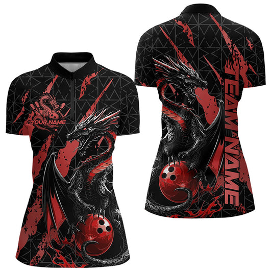 Custom Black And Red Dragon Bowling Team Womens Quarter-Zip Shirts, Dragon Bowling Jerseys IPHW8924
