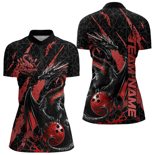Custom Black And Red Dragon Bowling Team Womens Quarter-Zip Shirts, Dragon Bowling Jerseys IPHW8924
