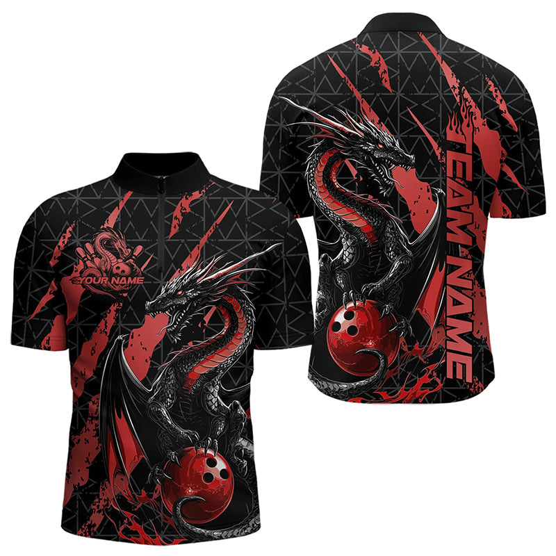 Custom Black And Red Dragon Bowling Team Quarter-Zip Shirts For Men, Dragon Bowling Jerseys IPHW8924