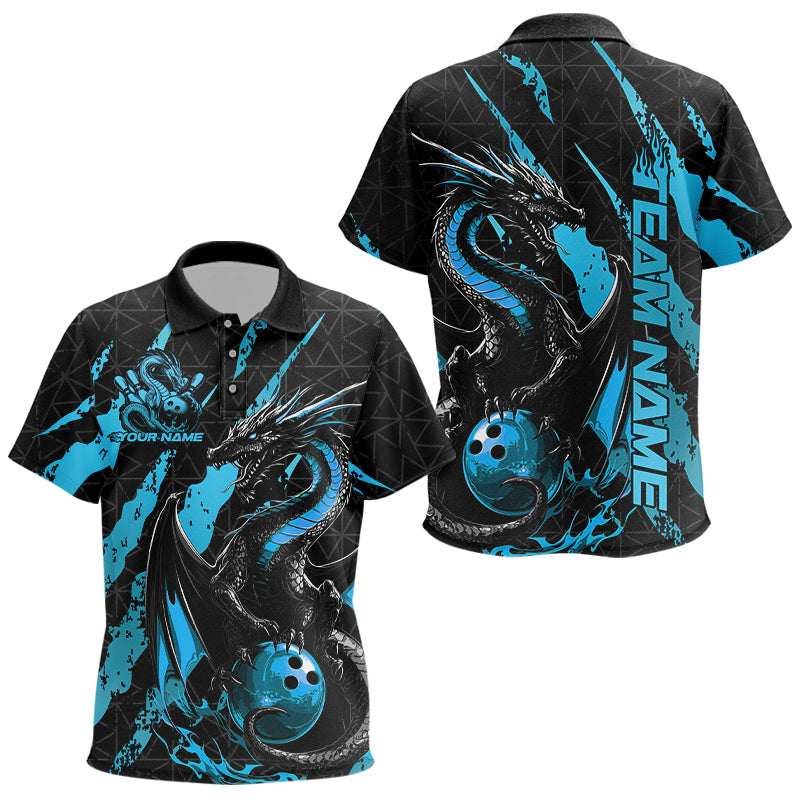 Custom Black And Blue Dragon Bowling Team Polo Shirts For Kid, Dragon Bowling Jerseys IPHW8925