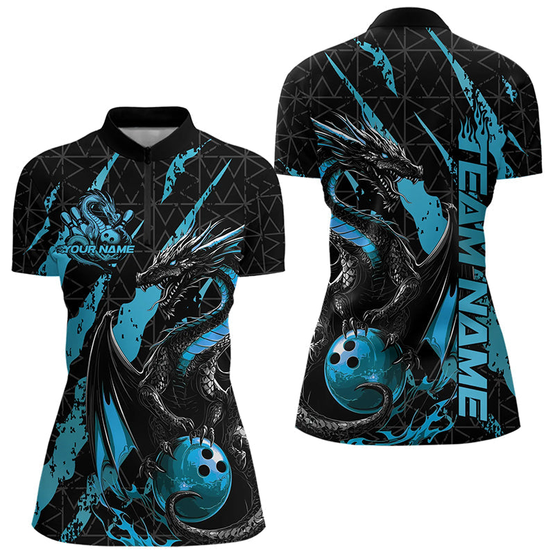 Custom Black And Blue Dragon Bowling Team Womens Quarter-Zip Shirts, Dragon Bowling Jerseys IPHW8925