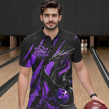 Custom Black And Purple Dragon Bowling Team Polo Shirts For Men, Dragon Bowling Jerseys IPHW8926