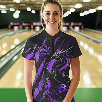Custom Black And Purple Dragon Bowling Team Womens Quarter-Zip Shirt, Dragon Bowling Jersey IPHW8926