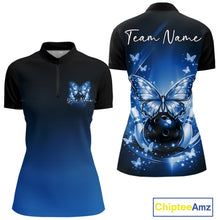 Load image into Gallery viewer, Custom Blue Butterfly Bowling Women Quarter-Zip Shirt, Bowling Tournament Team Shirt IPHW11034