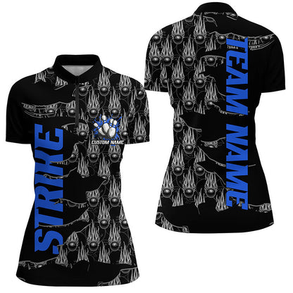 Customize Name Strike Bowling Shirts For Women, Flame Bowling Balls Bowler Outfits | Blue IPHW6502