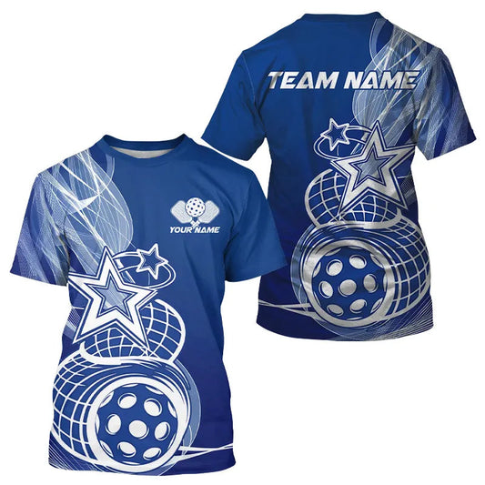 Custom Blue Pickleball Star T-Shirts For Men, Outdoor Pickleball Team Uniform IPHW8207