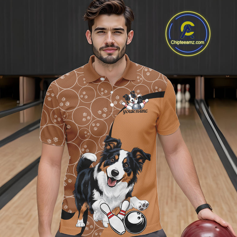 Custom Cute Funny Border Collie Dog Bowling Men Polo Shirts, Dog Lovers Bowling Shirt IPHW10287