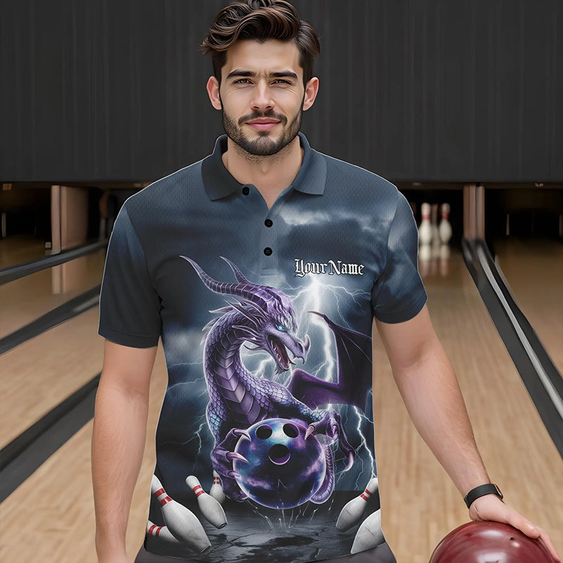 Custom Thunder Lightning Purple Dragon Bowling Polo Shirts For Men, Bowling Team Uniform IPHW8676
