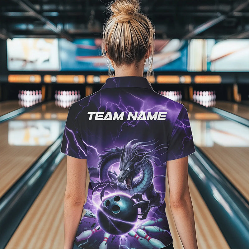 Custom Black And Purple Thunder Lightning Dragon Bowling Polo Shirt For Women, Team Uniform IPHW8679