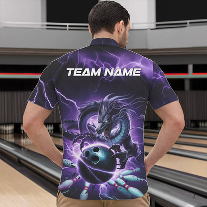 Custom Black And Purple Thunder Lightning Dragon Bowling Quarter-Zip Shirts For Men, Team Uniform IPHW8679