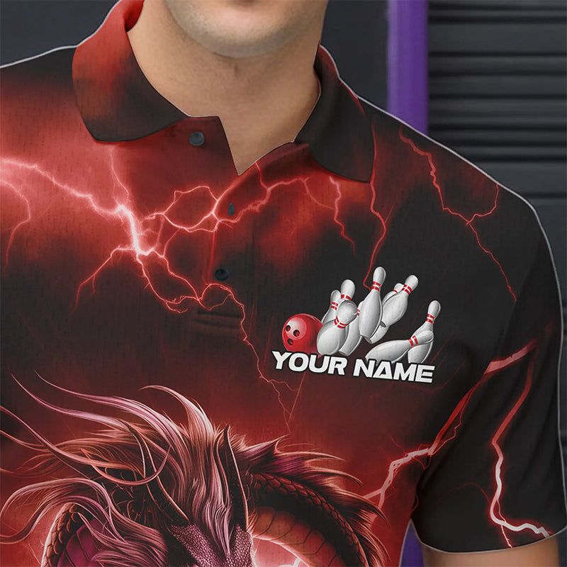 Custom Black And Red Thunder Lightning Dragon Bowling Polo Shirts For Men, Team Uniform IPHW8681