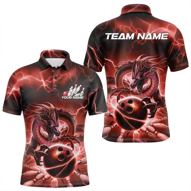 Custom Black And Red Thunder Lightning Dragon Bowling Polo Shirts For Men, Team Uniform IPHW8681