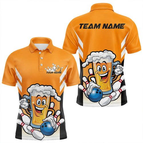 Custom Funny Beer Bowling Polo Shirts For Men, Yellow Bowling Team Bowling League Shirt IPHW8930