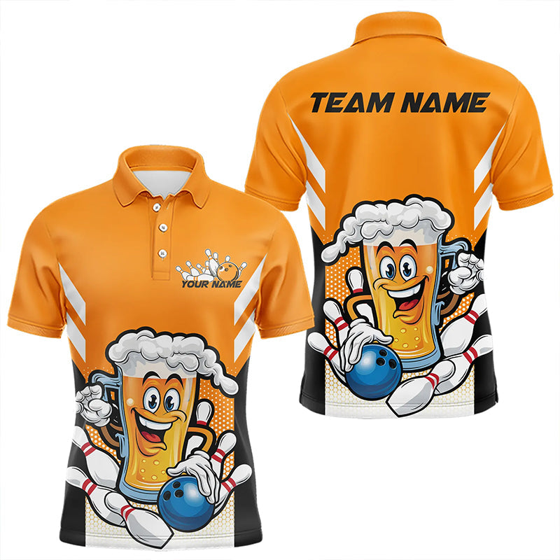 Custom Funny Beer Bowling Polo Shirts For Men, Yellow Bowling Team Bowling League Shirt IPHW8930