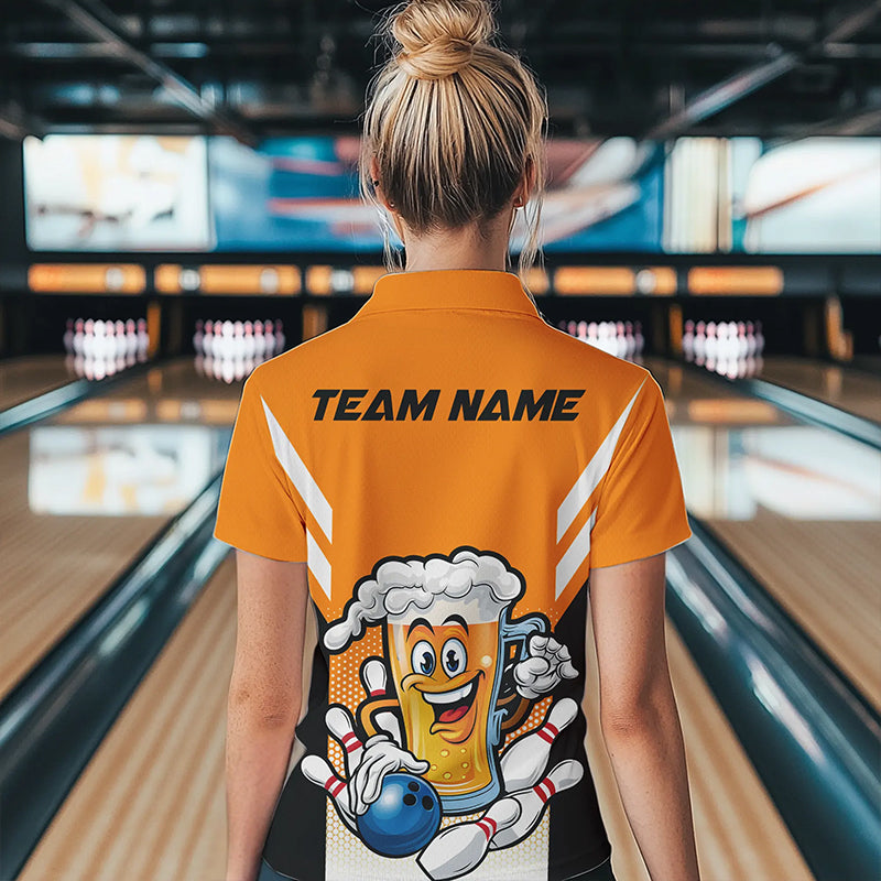 Custom Funny Beer Bowling Quarter-Zip Shirts For Women, Yellow Bowling Team League Shirt IPHW8930
