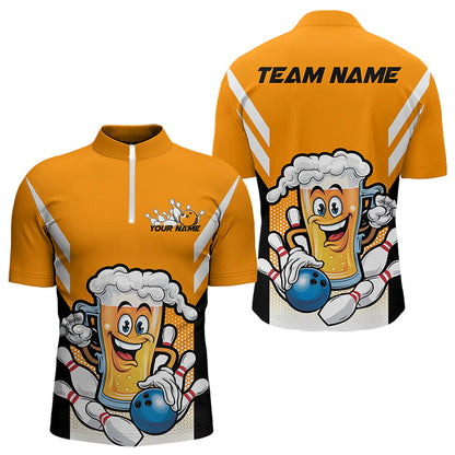 Custom Funny Beer Bowling Quarter-Zip Shirts For Men, Yellow Bowling Team Bowling League Shirt IPHW8930